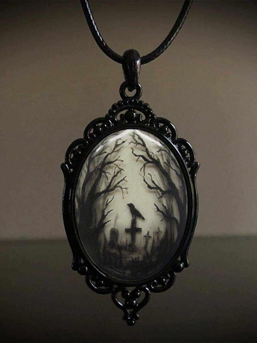 1pc Gothic Raven Cross Glass Pendant Necklace, Halloween - Black - View 1
