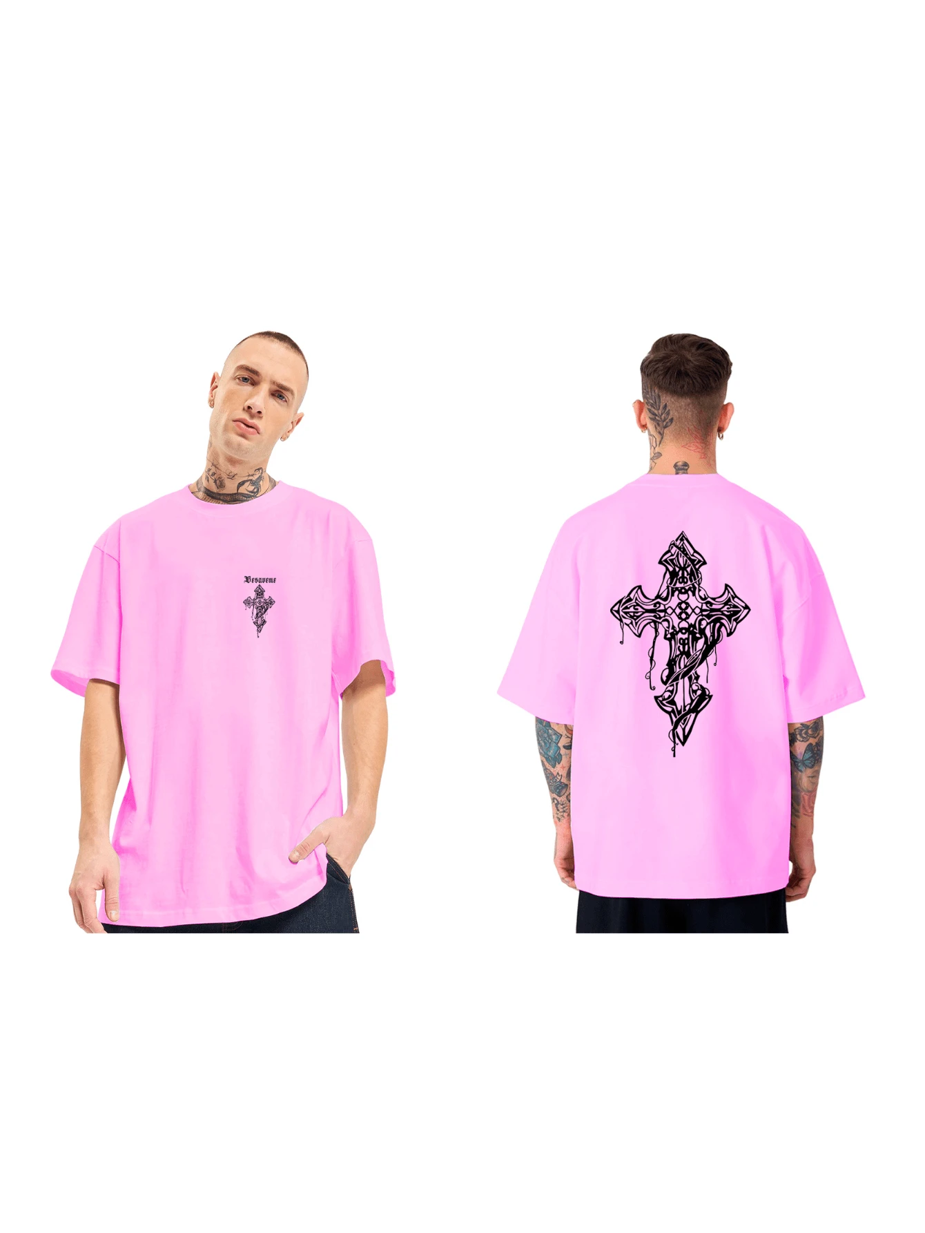Oversized Streetwear Cross T-Shirt Men Street Style - 淺粉色 - 查看 1