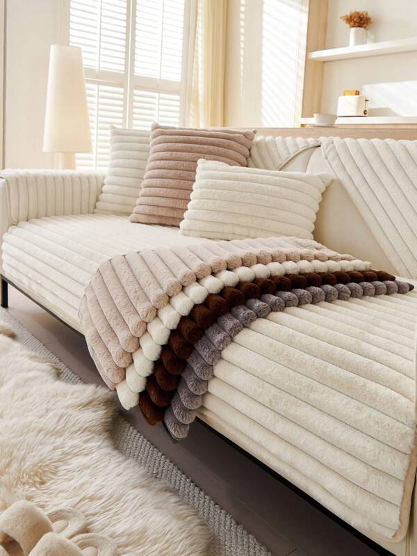 1 pièce Housse de canapé rayée en peluche, 100% polyester, convenant pour fauteuil, canapé 2/3/4 places et canapé d'angle, pour la décoration du salon, de la chambre et du bureau, toutes saisons