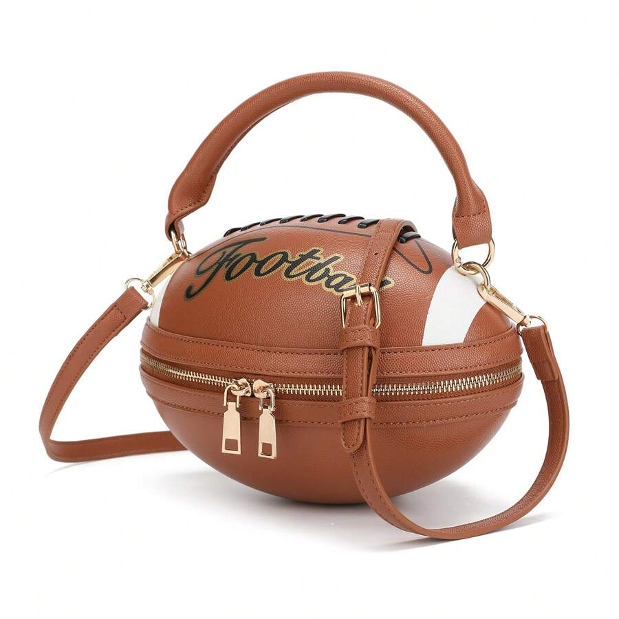 Football Shaped Crossbody Handbag - Unique Sports-Themed Purse With Adjustable Strap - Brown - View 1