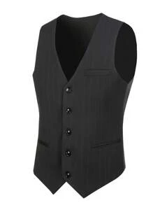 Furuyal Men's Suits Striped 3 Pieces Suit Set For Men Elegant Solid Casual Fashion Double Breasted Slim Fit Prom Blazer Vest Pants Set Business Party Wedding Holiday Black Size XS-3XL