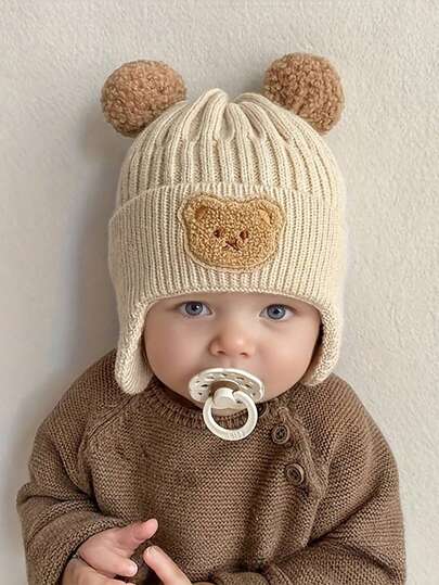 1 pieza Gorro de lana con orejeras de oso lindo para bebé en invierno, gorro de punto grueso y cálido estilo coreano para niños pequeños, conjunto de gorros de punto con orejeras y pompón, cómodo, suave, elástico y engrosado, perfecto para salidas de invierno