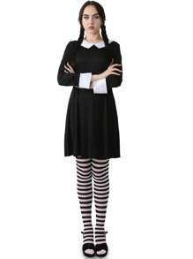 I LOVE FANCY DRESS Womens Gothic Daughter Costume Halloween Wednesday Fancy Dress Outfit Add Accessories Tv Film Outfit 60s Scary Family Cute Dress Addams - Dress, Tights and Face Paint - View 3