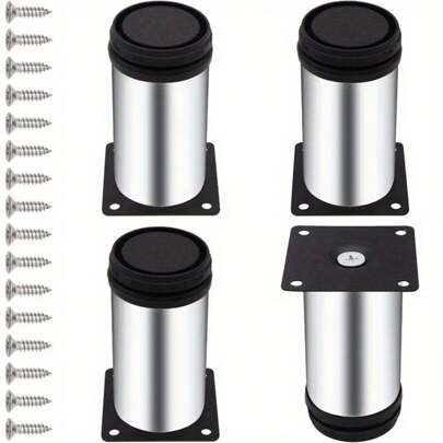 4 件可调节圆形家具腿，4 英寸不锈钢橱柜脚，金属带黑色塑料涂层，50x100mm，适用于 DIY 家具项目，包括 16 个螺丝