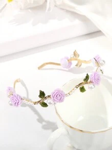 1 件玫瑰花仿珍珠头带，适合日常佩戴、发带、发箍、发饰头带 - 紫色 - 查看 2