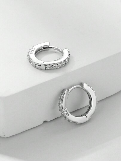 HuooNew 1 Pair 925 Sterling Silver Micro-Inlaid Zirconia Thin Hoop Earrings, Unisex, Gift