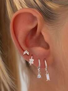 4 件/套时尚环形耳环套装精致耳环堆叠套装适合多个穿孔防过敏时尚珠宝，理想的女士珠宝礼物 - 4個裝-樹葉花方形耳環 - 查看 8