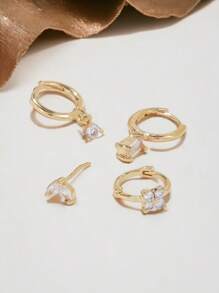 4 件/套时尚环形耳环套装精致耳环堆叠套装适合多个穿孔防过敏时尚珠宝，理想的女士珠宝礼物 - 4個裝-樹葉花方形耳環 - 查看 9