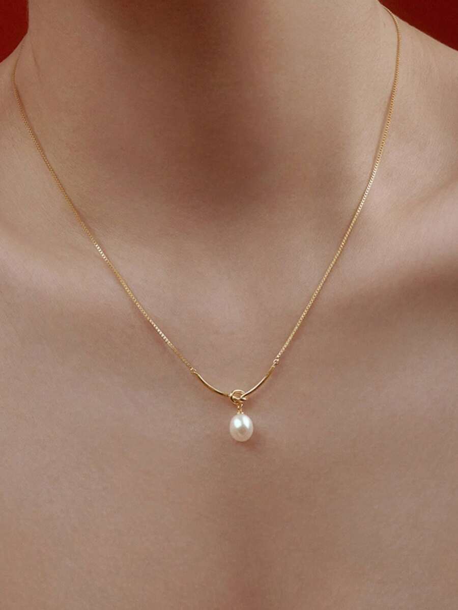 Colares de Pérola com Nó Delicado em Prata Esterlina 925, Gargantilha Fina de Corrente Pequena Elegante com Pérola em Forma de Gota Folheado a Ouro 14K, Joia Presente para Mulheres e Noivas