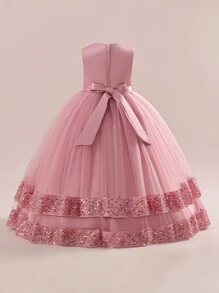 Tween Girls Sequin Mesh Flower Girl Wedding Dress Long Gown, Suitable For Birthday Party, Banquet, Does Not Include Headband