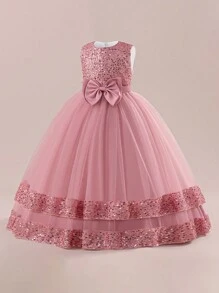 Tween Girls Sequin Mesh Flower Girl Wedding Dress Long Gown, Suitable For Birthday Party, Banquet, Does Not Include Headband