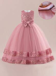 Tween Girls Sequin Mesh Flower Girl Wedding Dress Long Gown, Suitable For Birthday Party, Banquet, Does Not Include Headband