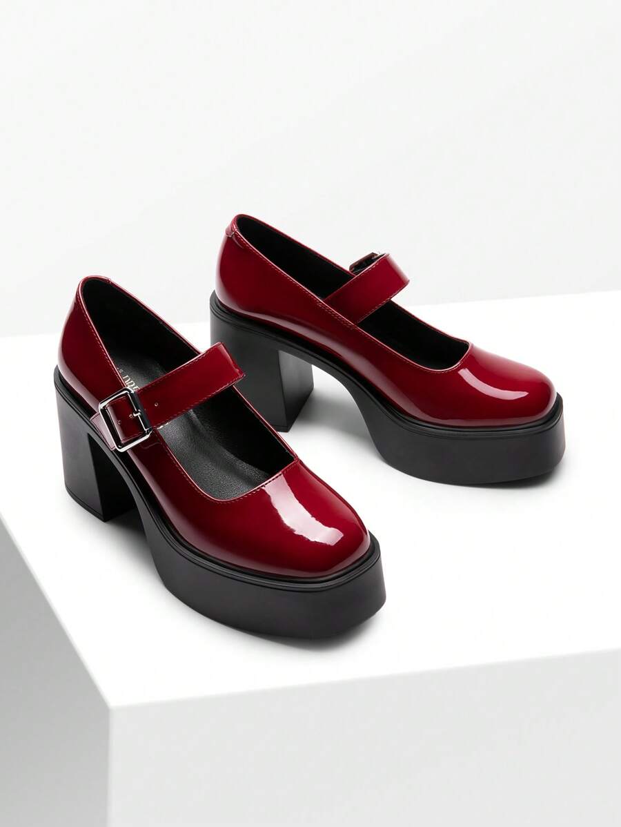 Women's High Chunky Platform Pumps Round Toe High Heel Mary Janes Party Prom Versatile School Style Shoes - Màu Đỏ Sâu - Xem 1