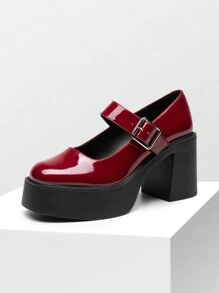 Women's High Chunky Platform Pumps Round Toe High Heel Mary Janes Party Prom Versatile School Style Shoes - Màu Đỏ Sâu - Xem 5