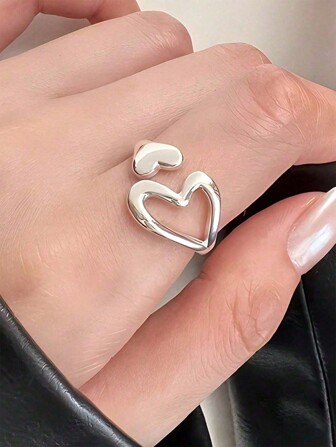 SYMFNY 1 pieza Anillo con forma de corazón hueco de plata de ley 925, diseño minimalista y único, use de manera elegante y versátil todos los días