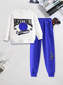 2PCS Tween Boy Basketball Print Outfits Sweatsuit Oversized Sweatshirt Lounge Sets Baggy Sweatpants Fall Fashion With Pockets