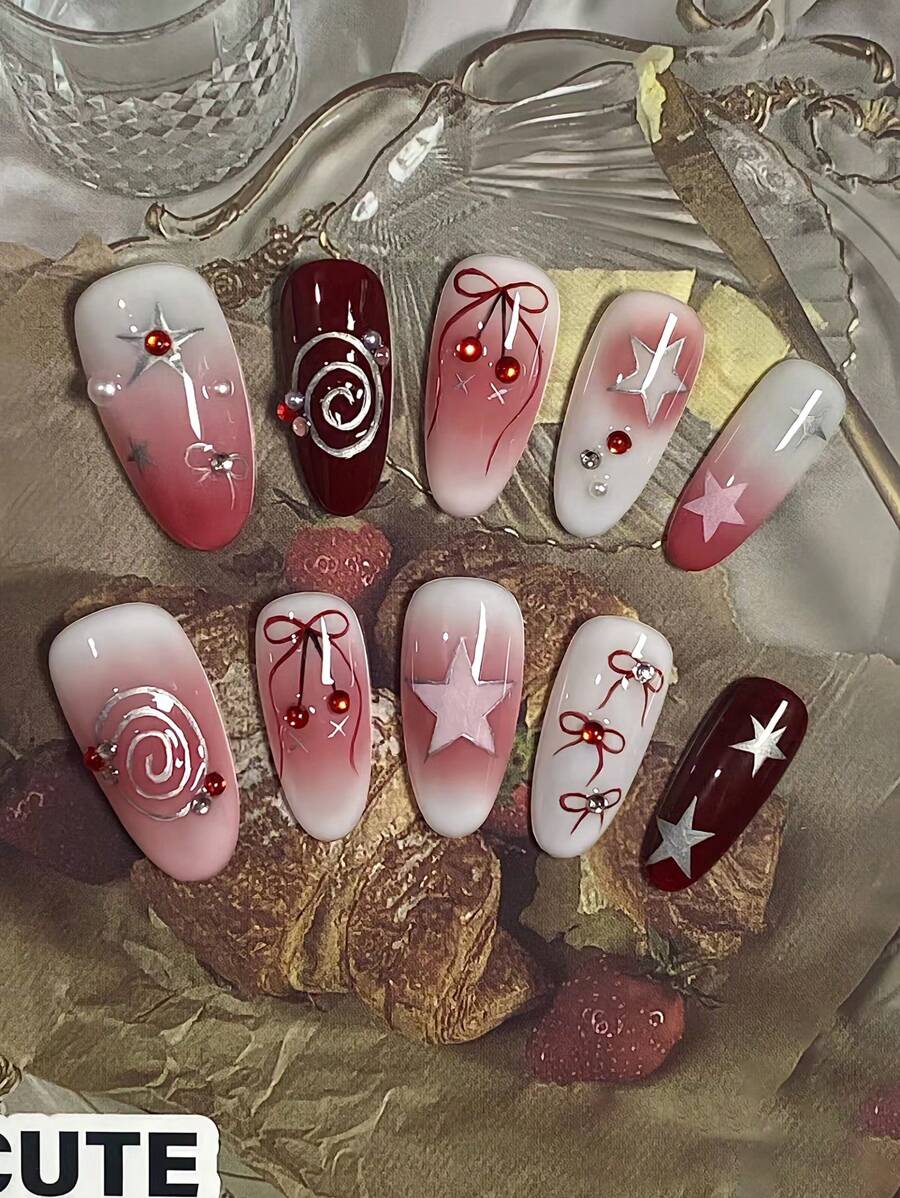 10 件装红色樱桃蝴蝶结、星空 Y2K 美甲贴纸、杏仁形可重复使用假指甲贴片按压式指甲