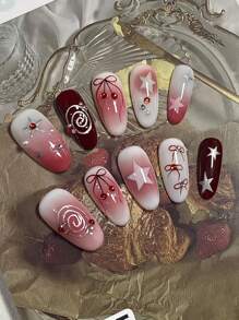 10 件装红色樱桃蝴蝶结、星空 Y2K 美甲贴纸、杏仁形可重复使用假指甲贴片按压式指甲