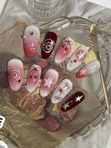 10 件装红色樱桃蝴蝶结、星空 Y2K 美甲贴纸、杏仁形可重复使用假指甲贴片按压式指甲