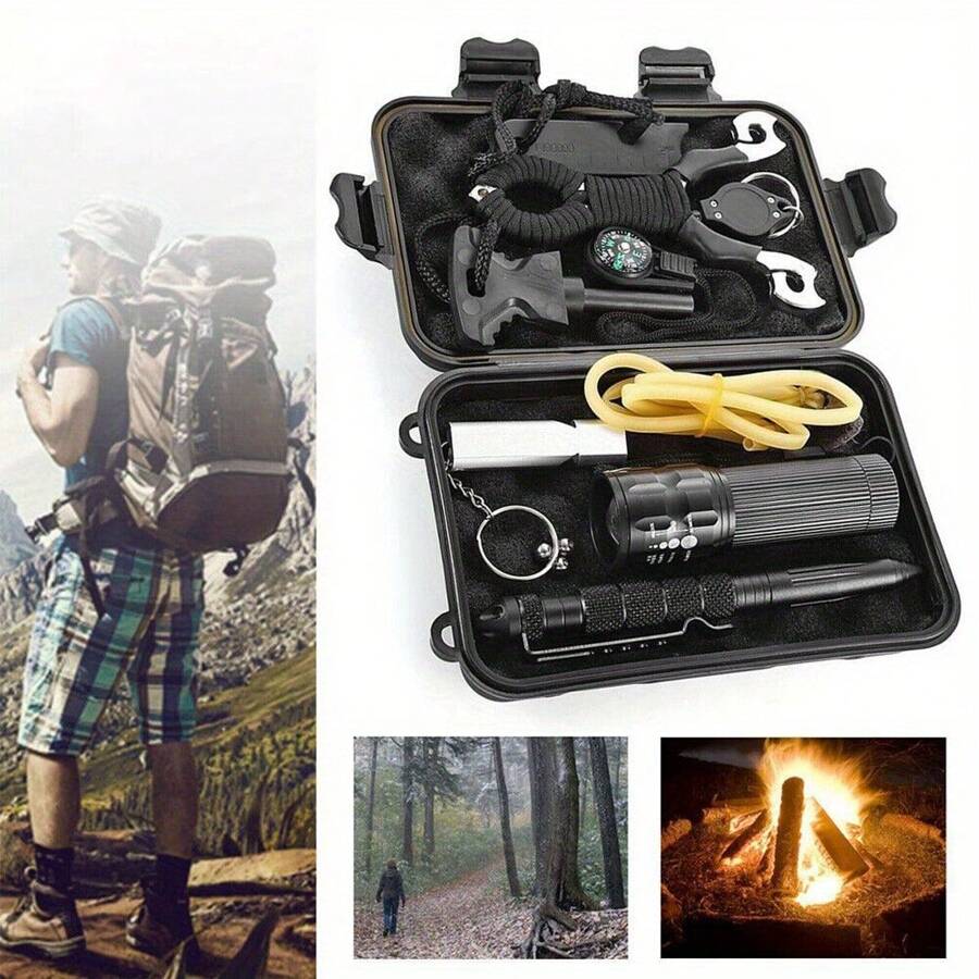 9 In 1 SOS Kit Outdoor Emergency Kit Equipment Box For Camping Survival Gear - Black - View 1