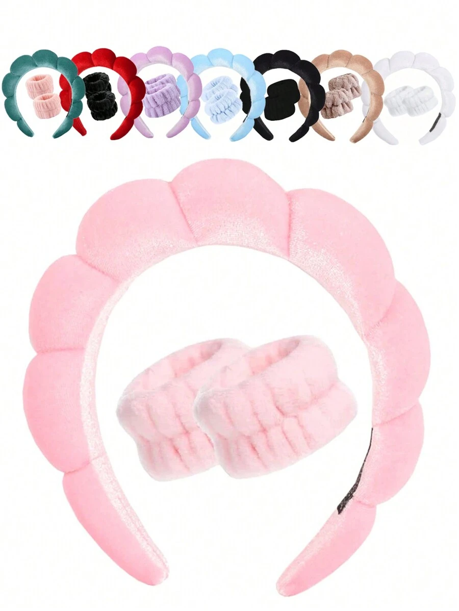 3入組時尚絲絨海綿頭箍和毛絨手腕帶，適用於洗臉、化妝、護膚、派對和外出。同時也可以配上手工編織的手環作為秋季配飾。