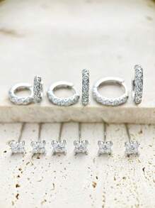 6 对小号银色 CZ/方晶锆石环形耳钉套装，适合女士，铺镶耳环套装，适合多个穿孔，环形耳环，方晶锆石耳环耳钉，小巧四叶草耳钉 - 銀色 - 查看 2