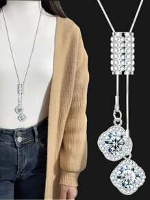 1pc Leaf Crystal Pendant Necklace For Women, European & American Fashion Long Sweater Chain New Accessory - Silver - View 1
