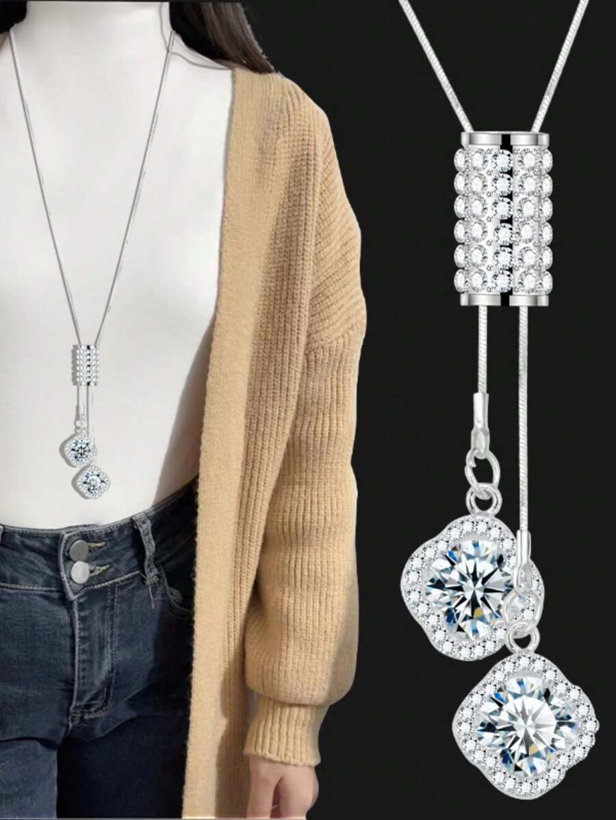 1pc Leaf Crystal Pendant Necklace For Women, European & American Fashion Long Sweater Chain New Accessory - Silver - View 1
