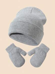 1set Light Grey Baby & Toddler Knitted Beanie Hat + Gloves Combo Set, Autumn/Winter Outdoor Wear