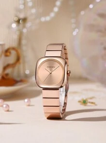 HANNAH MARTIN Đồng hồ thạch anh vuông, đồng hồ đeo tay bằng thép không gỉ màu bạc, đen, vàng hồng, chuyển động Nhật Bản, đồng hồ trang sức sang trọng cho những dịp thường ngày, trang trọng - Hoa hồng vàng - Xem 2