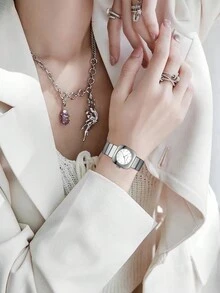 HANNAH MARTIN 方形石英腕表，时尚椭圆形不锈钢腕表，银色、黑色、玫瑰金色，简约风格，日本机芯，奢华珠宝腕表，适合休闲、正式场合 - 銀色 - 查看 5