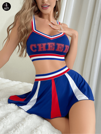 3pcs Set Women Cheerleader Uniform Bra And Mini Skirt, Rave