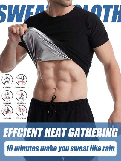 男士吸汗短袖 T 恤，适合桑拿、健身、塑身衣 - 压缩背心，适合腰部训练、减肥、健身、瑜伽 - 加大码紧身 T 恤（PU 涂层）健身房配件，适合腹部瘦身束腹带、腹部瘦身束腰带
