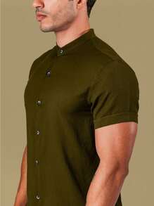 Men's Luxury Formal Shirt Short Sleeve Priest Collar Slim Fit Premium - 軍綠色 - 查看 3