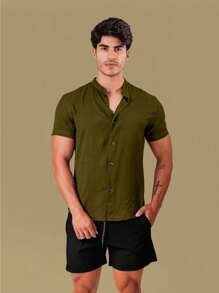 Men's Luxury Formal Shirt Short Sleeve Priest Collar Slim Fit Premium - 軍綠色 - 查看 2