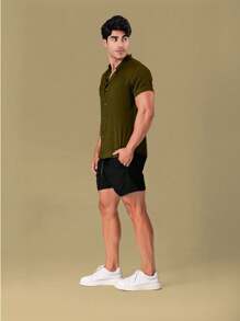 Men's Luxury Formal Shirt Short Sleeve Priest Collar Slim Fit Premium - 軍綠色 - 查看 1