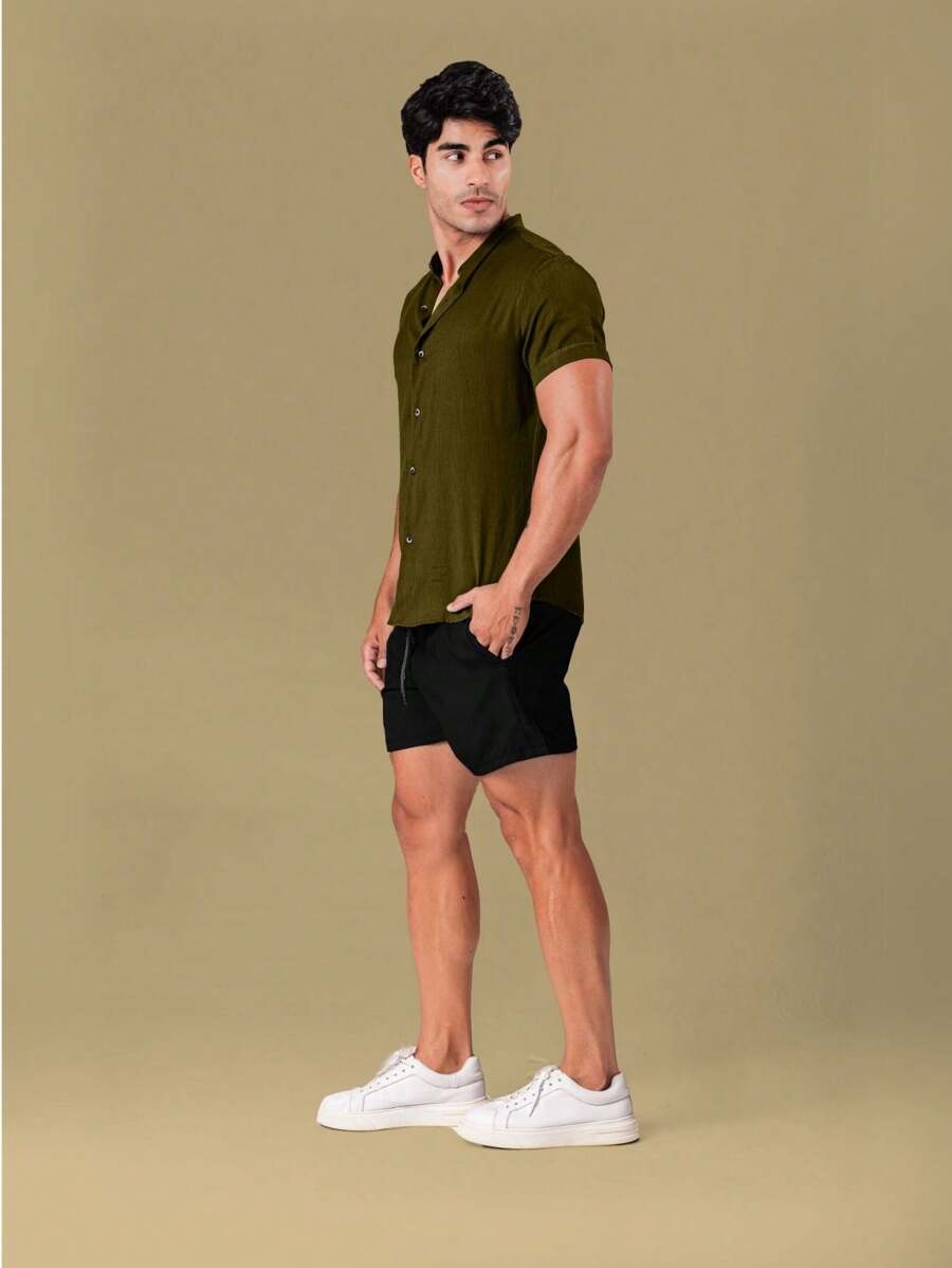 Men's Luxury Formal Shirt Short Sleeve Priest Collar Slim Fit Premium - 軍綠色 - 查看 1