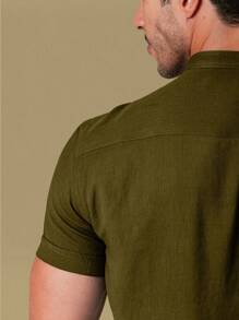Men's Luxury Formal Shirt Short Sleeve Priest Collar Slim Fit Premium - 軍綠色 - 查看 5