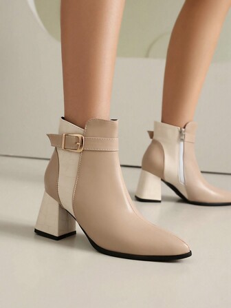 European & American Simple Match Short Bootie, Pointed Toe Mid-Calf Boots With Chunky Heel, Buckle Strap & Side Zipper For Women