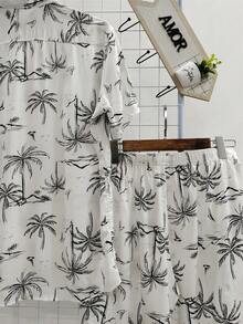 Printed Hawaiian Shirt And Shorts Set For Men Adults 100% Viscose Fabric With Elastane - 白色 - 查看 3