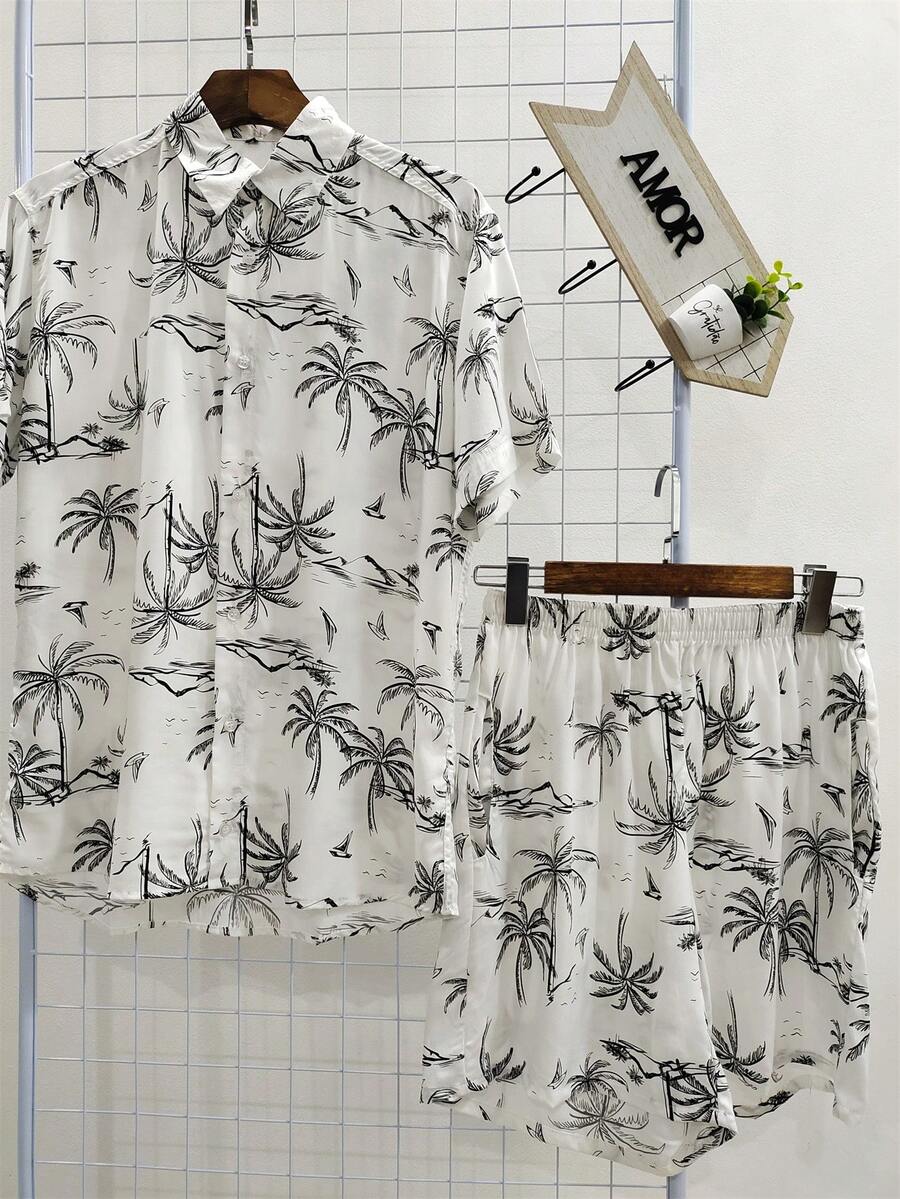 Printed Hawaiian Shirt And Shorts Set For Men Adults 100% Viscose Fabric With Elastane - 白色 - 查看 1