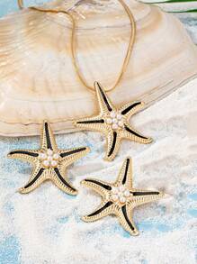 3pcs Fashionable Beach Style Starfish & Faux Pearl Pendant Necklace And Earrings Set, Women's Casual Summer - Yellow Gold - View 10