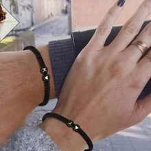 1 件 26 个英文字母编织心形手工手链，时尚情侣配饰夏季 - 黑與白 - 查看 6