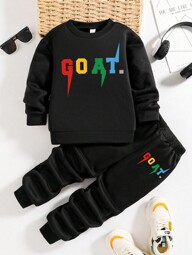 Young Boys' Spring/Autumn Letter Printed Long Sleeve Warm Sweatshirt And Pants Set