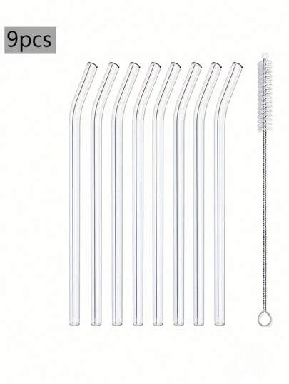 9-delars sugrörsset i glas, inklusive rengöringsborste - Återanvändbara böjda och raka sugrör, lämpliga för drycker, cocktails - perfekt för hemmet, festen, baren, bubbeltebaren, heminredning, sovrumsinredning