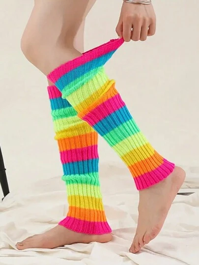 1 Pair Women Multi-Color Striped Pattern Knitted Over-The-Knee Leg Warmers, Thigh High Leg Warmers, Y2k, Cozy