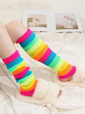 1 par flerfärgade randiga stickade benvärmare för kvinnor, lårhöga benvärmare, Y2k, mysiga