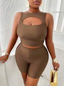 Bộ đồ liền thân không tay màu trơn cỡ lớn đơn giản khoét rỗng, mặc thường ngày - màu nâu - Xem 7