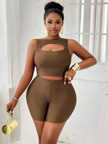 Bộ đồ liền thân không tay màu trơn cỡ lớn đơn giản khoét rỗng, mặc thường ngày - màu nâu - Xem 3