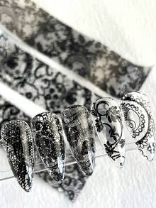 10pcs/Box Black Lace Nail Transfer Paper - Gothic Style Floral Mesh Lace Nail Design, Cute Y2K Charming Nail Art Decoration, Nail Salon Accessories, Nail Supplies (Non-Stick) - Multicolor - View 11